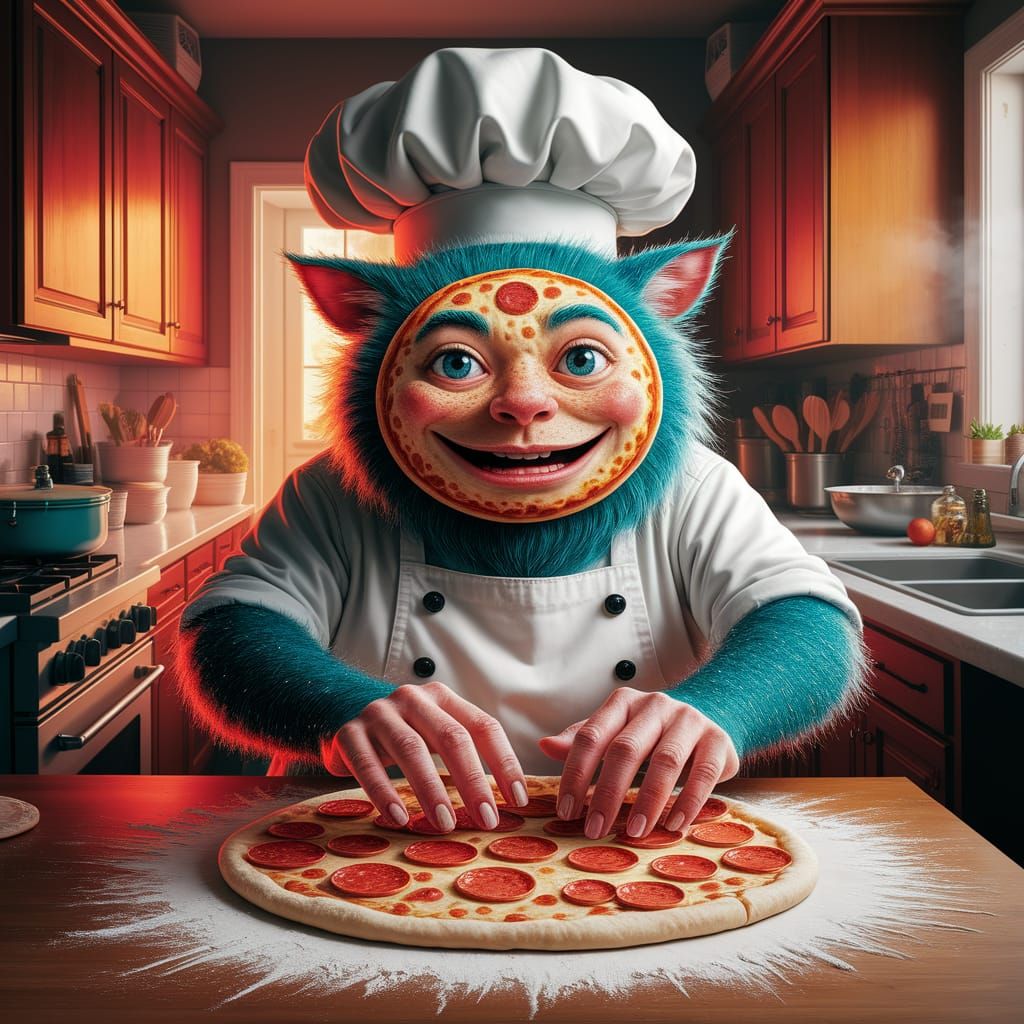 Pizza Chef Creature Kneading Dough: Oil Painting