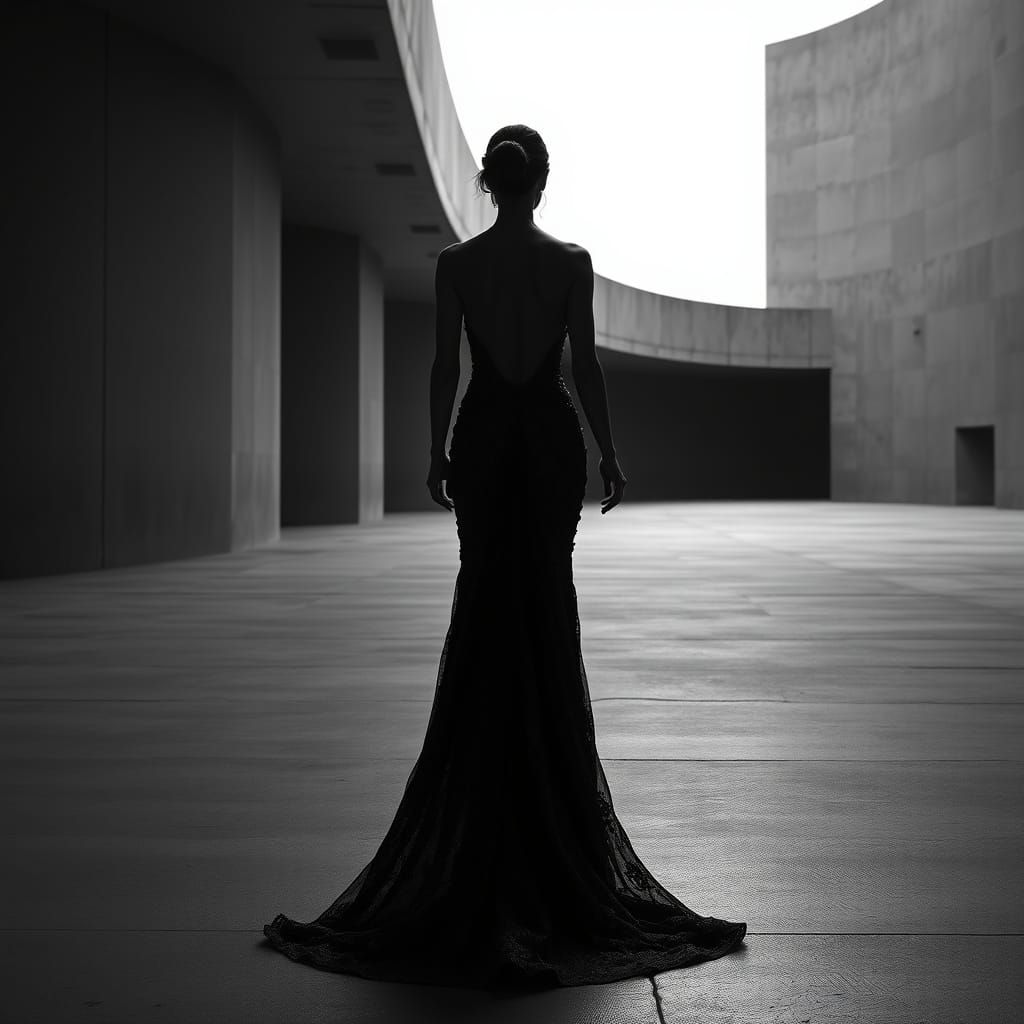 Silhouetted Woman in Christian Lacroix-Inspired Gown Against...