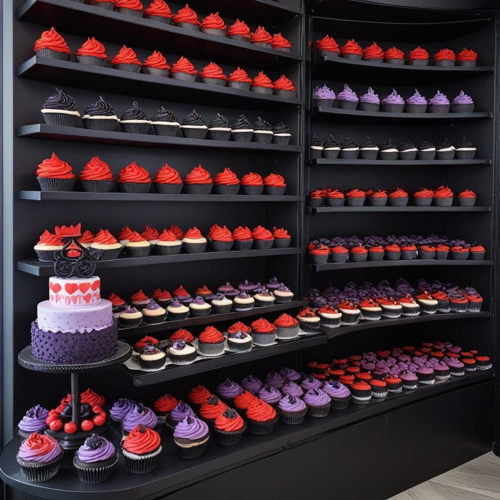 A pastry shop full of heart-shaped red and black velvet cakes and lavender frosted cupcakes. Triadic colors red, black, ...