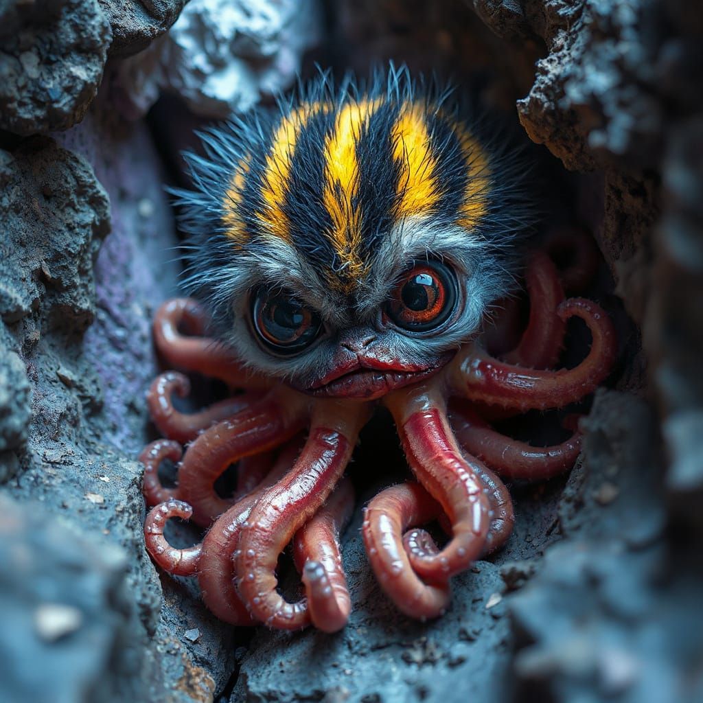 Neon Furry Creature with Tentacles in Grotto