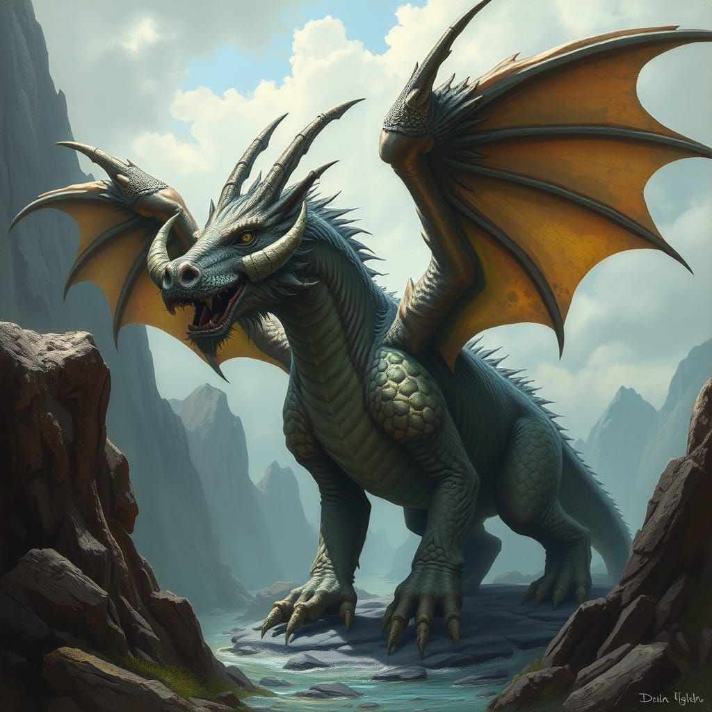 Boar-Headed Dragon in Fantasy Landscape Art