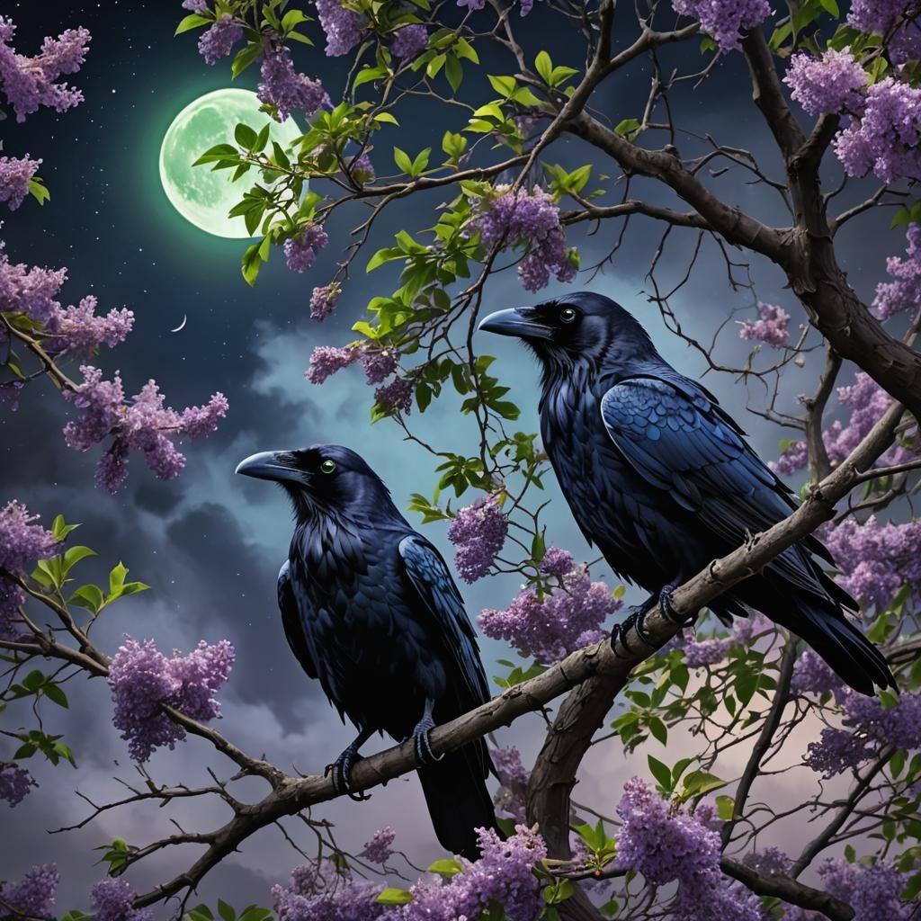 Raven with Fiery Eyes in Lilac Tree, Digital Painting