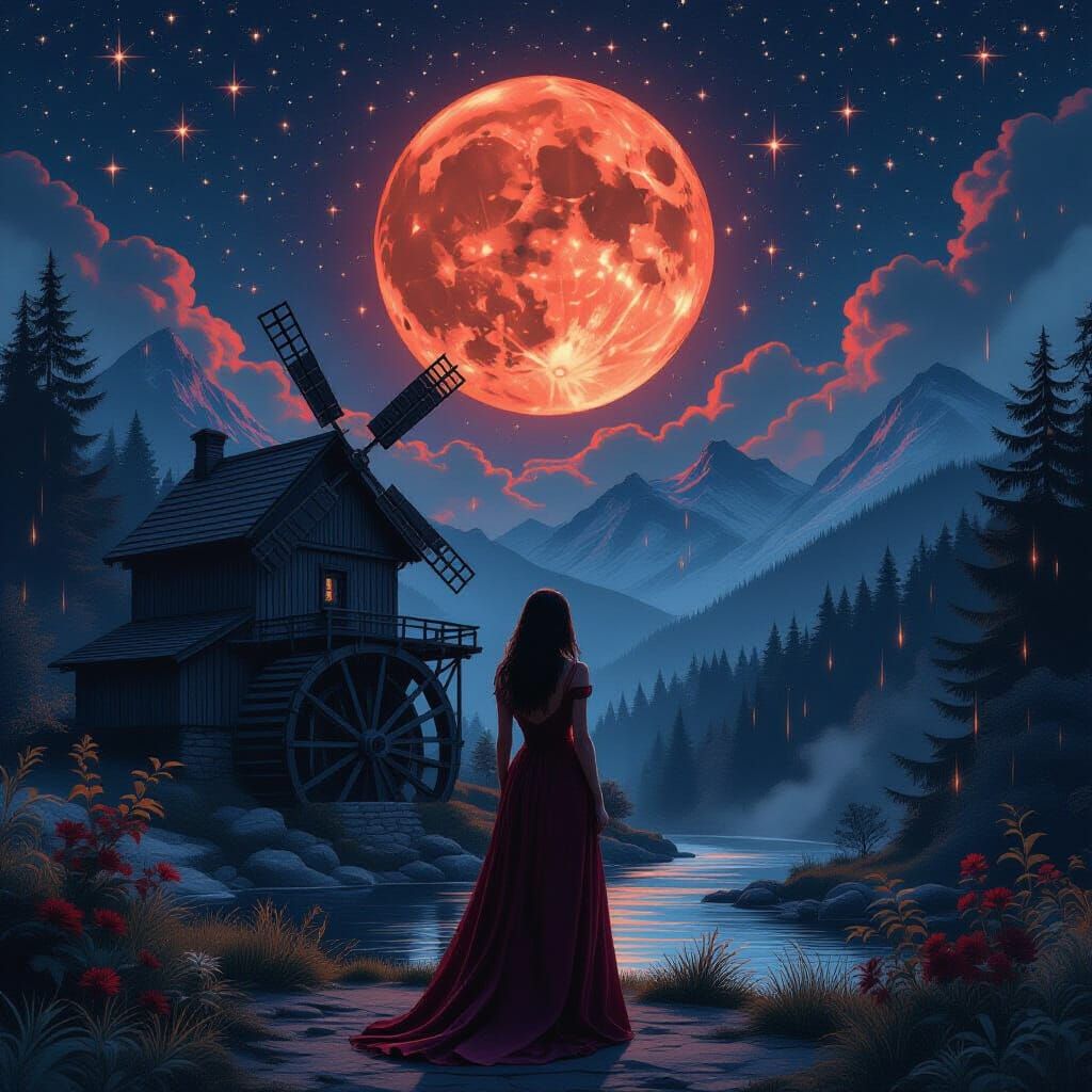 Woman in Maroon Dress by Creepy Watermill Under Blood Moon