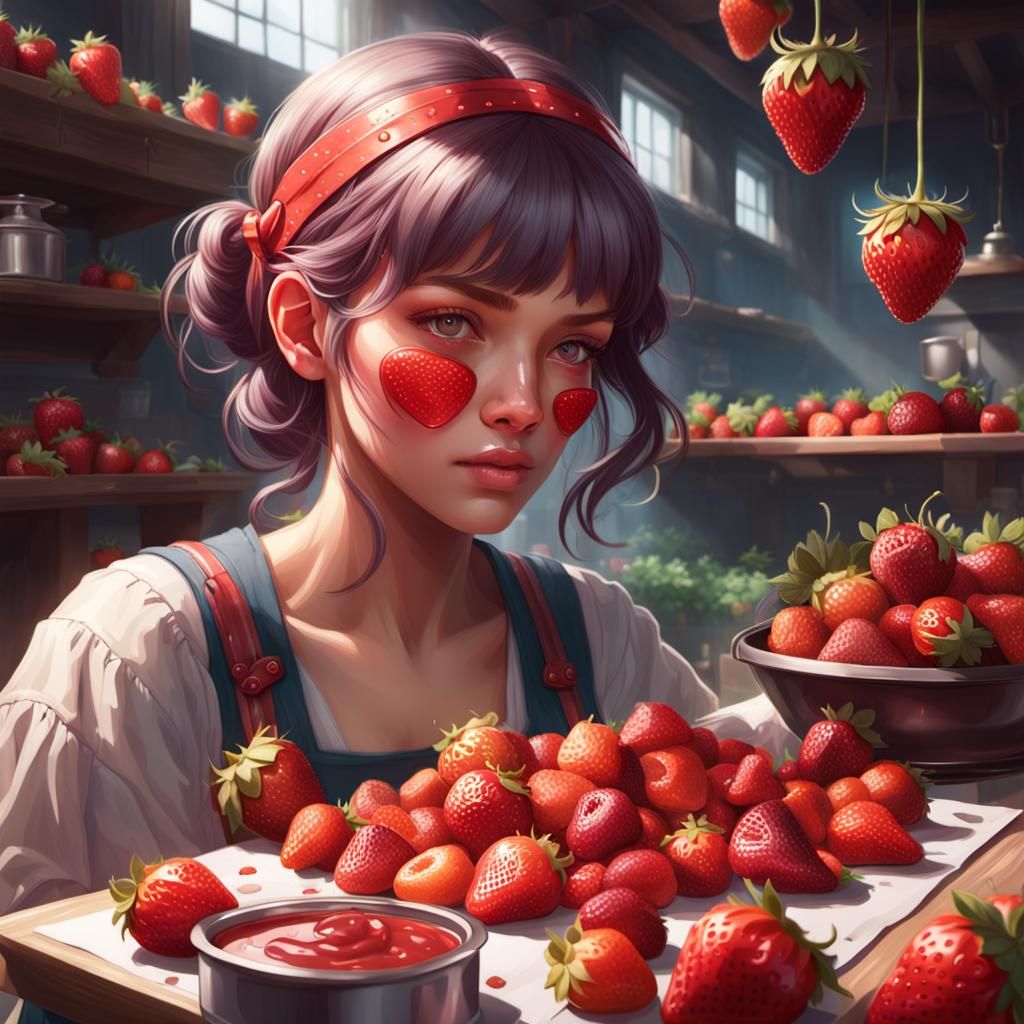 Girl Making Strawberry Jam: Hyperdetailed Digital Portrait