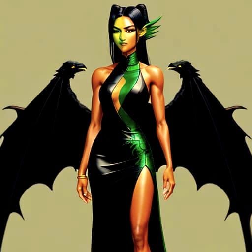 Half Human, Half Green Dragon Woman with Raven Wings