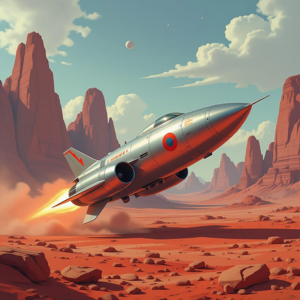 Retro-Futuristic Rocket Ship on Alien Planet