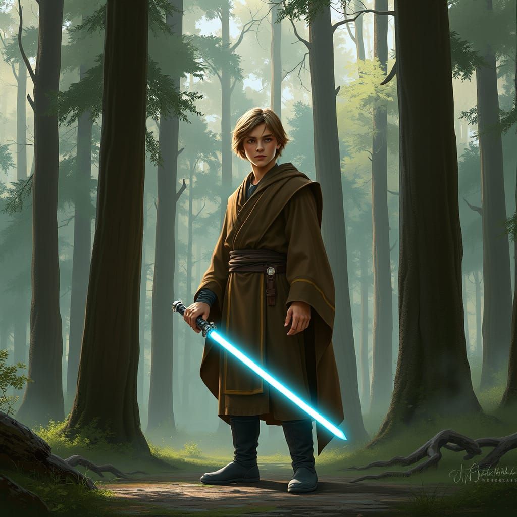 Young Jedi Knight in Mystical Forest Scene