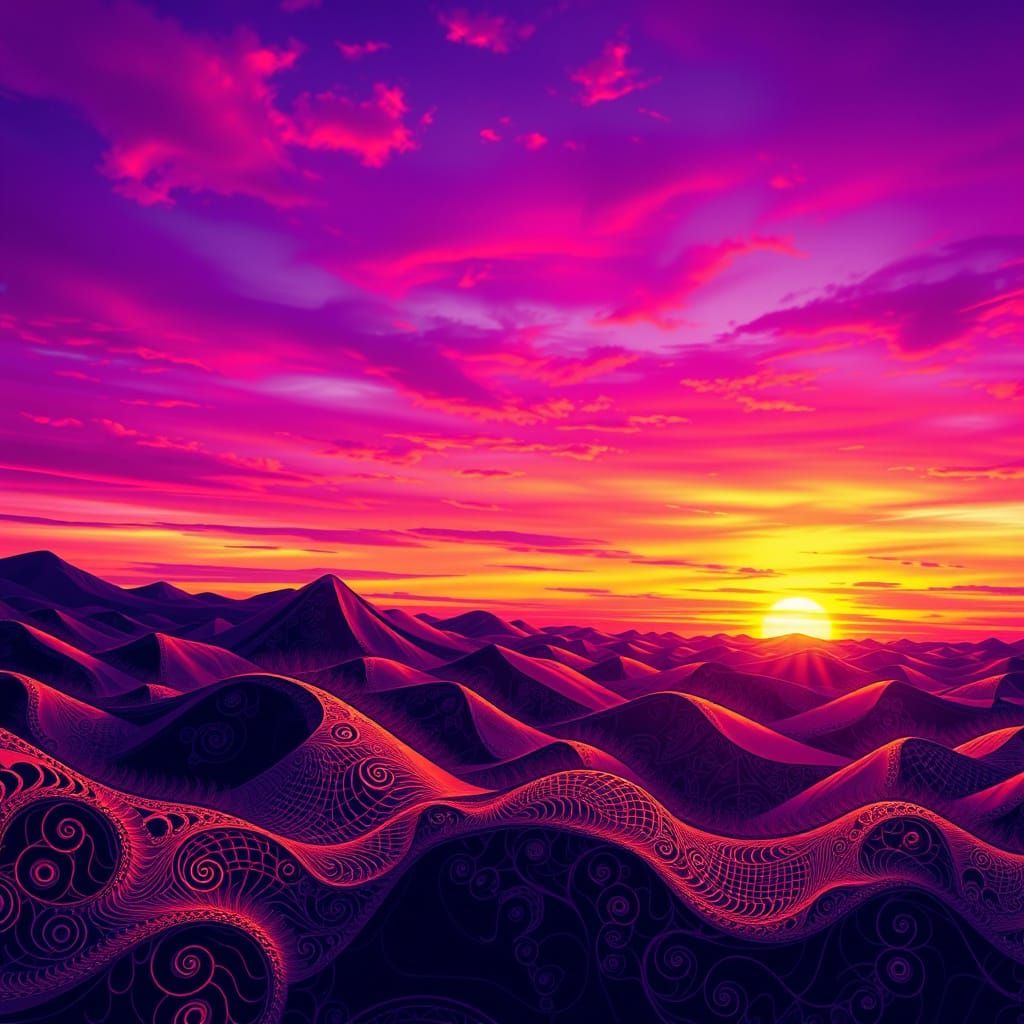 Vibrant Abstract Sunset with Fractal Patterns and 3D Shading