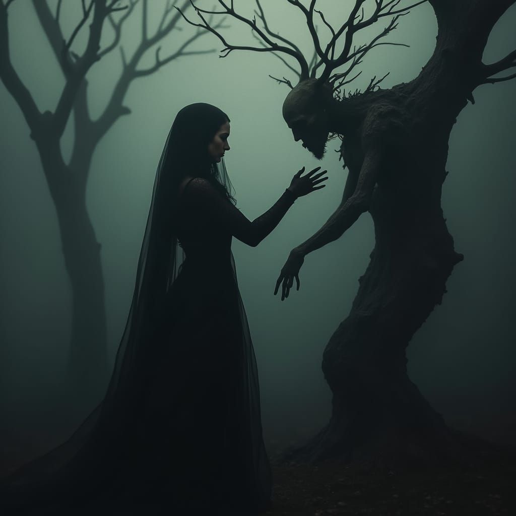 Woman Embraces Spectral Figure in Dark Surrealism