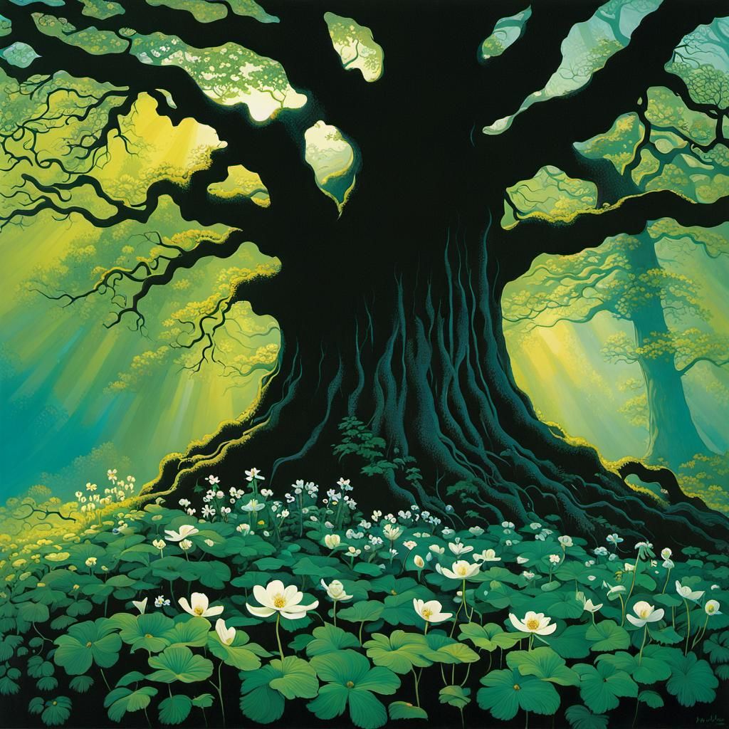 Anemones Bloom Under Ancient Tree, Golden Age Illustration
