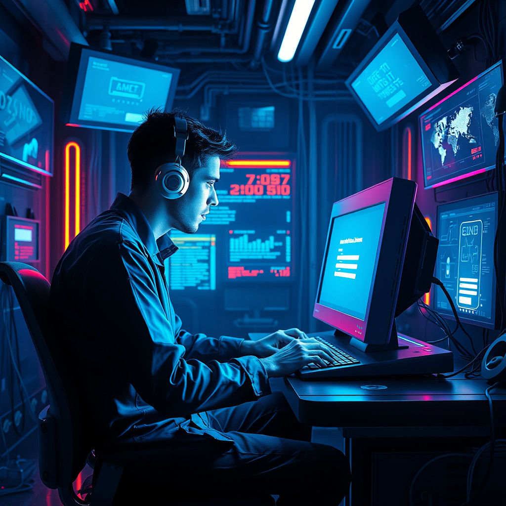 Cyberpunk User Logging into Futuristic Computer System