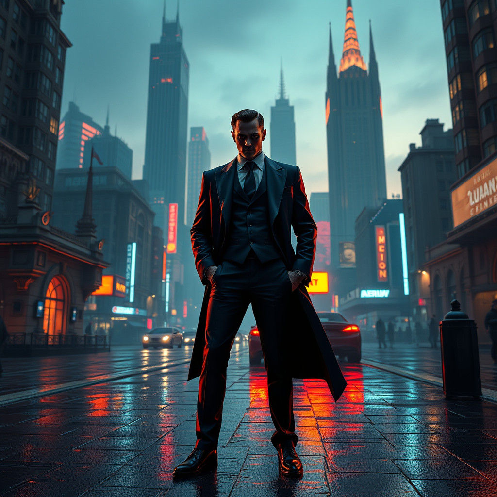 Cyberpunk Gangster in Mystical Cityscape at Dusk