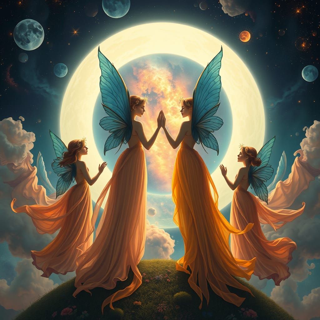 Four Fairies Circle Surreal Portal in Moonlit Sky