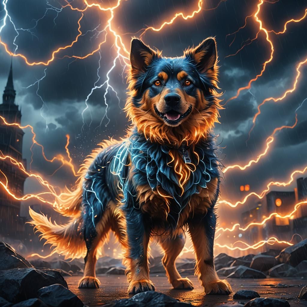 Electric Fantasy Dog in Storm, Digital Matte Painting