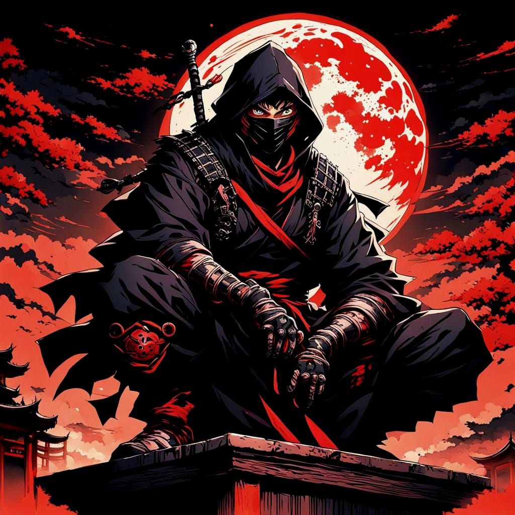 Ninja with Susanoo Eyes Under Red Moon in Anime Style