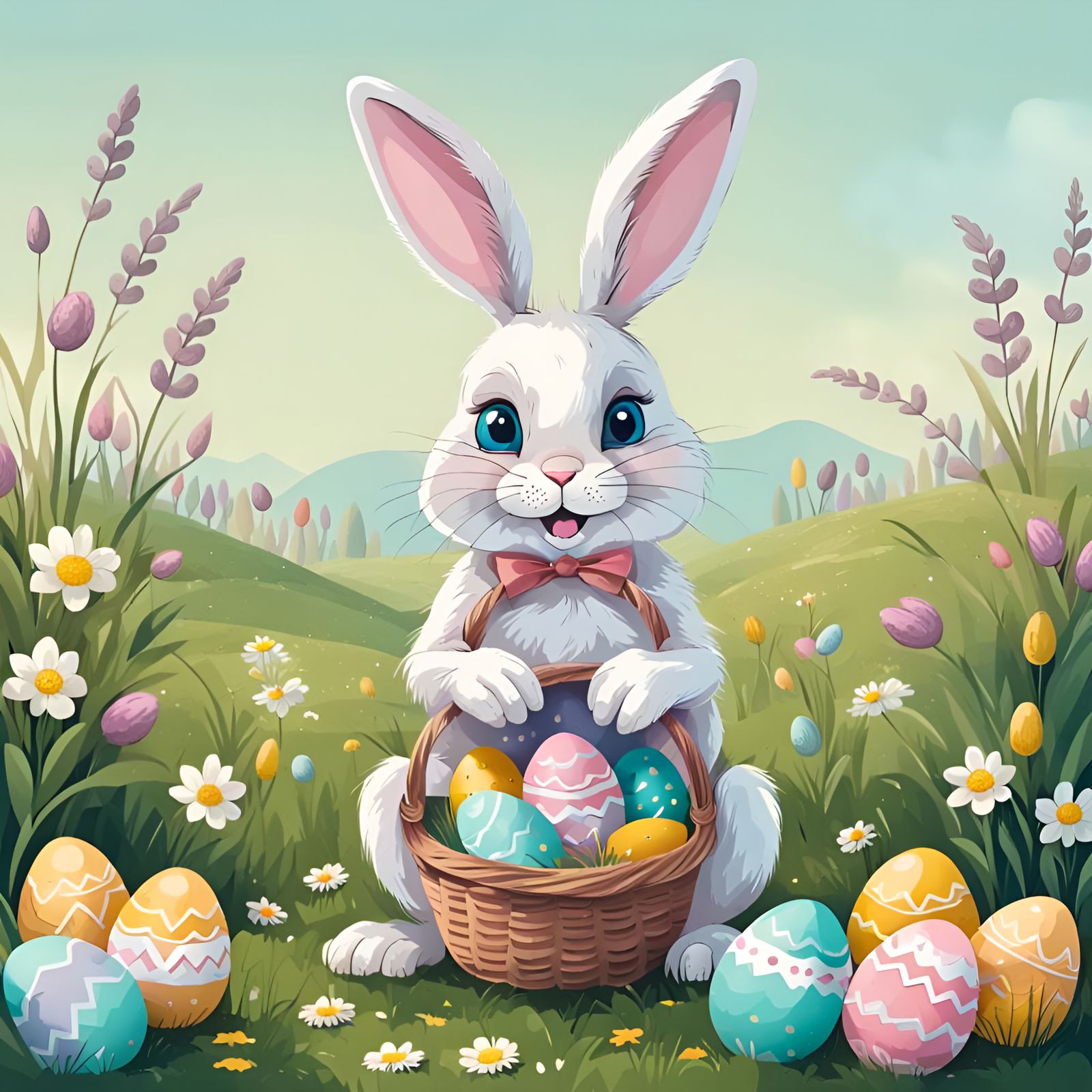 Cute Easter Bunny with Basket in Meadow