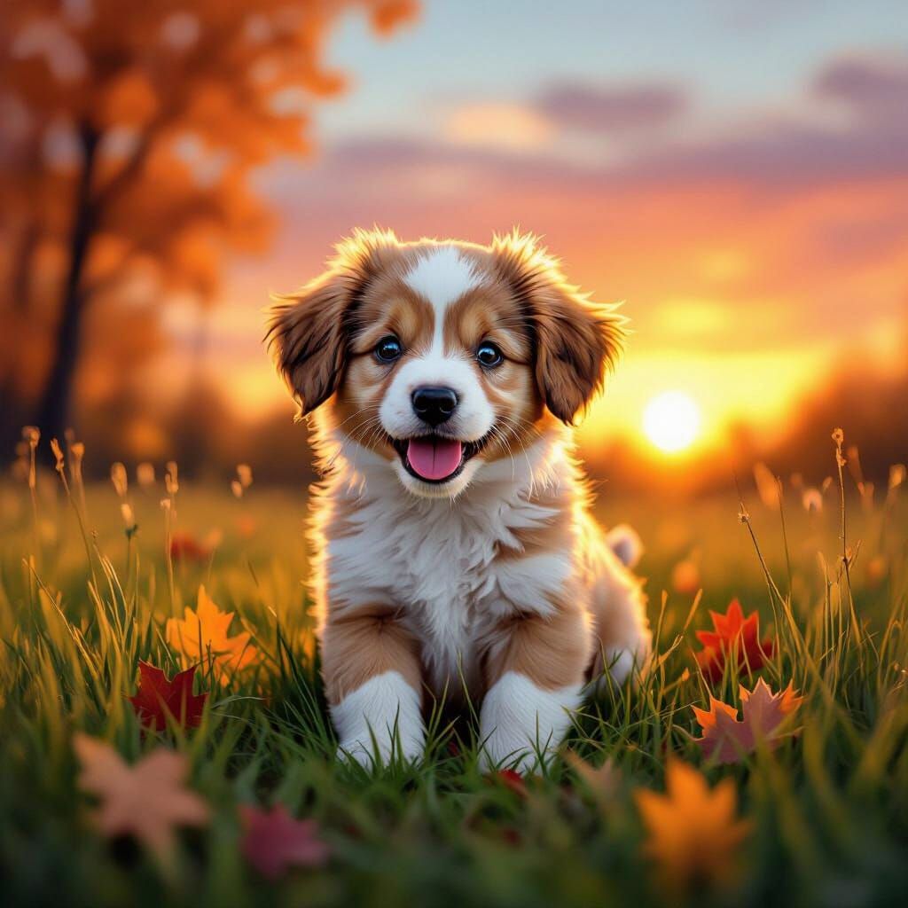 Ethereal Oil Painting of Puppy at Sunset