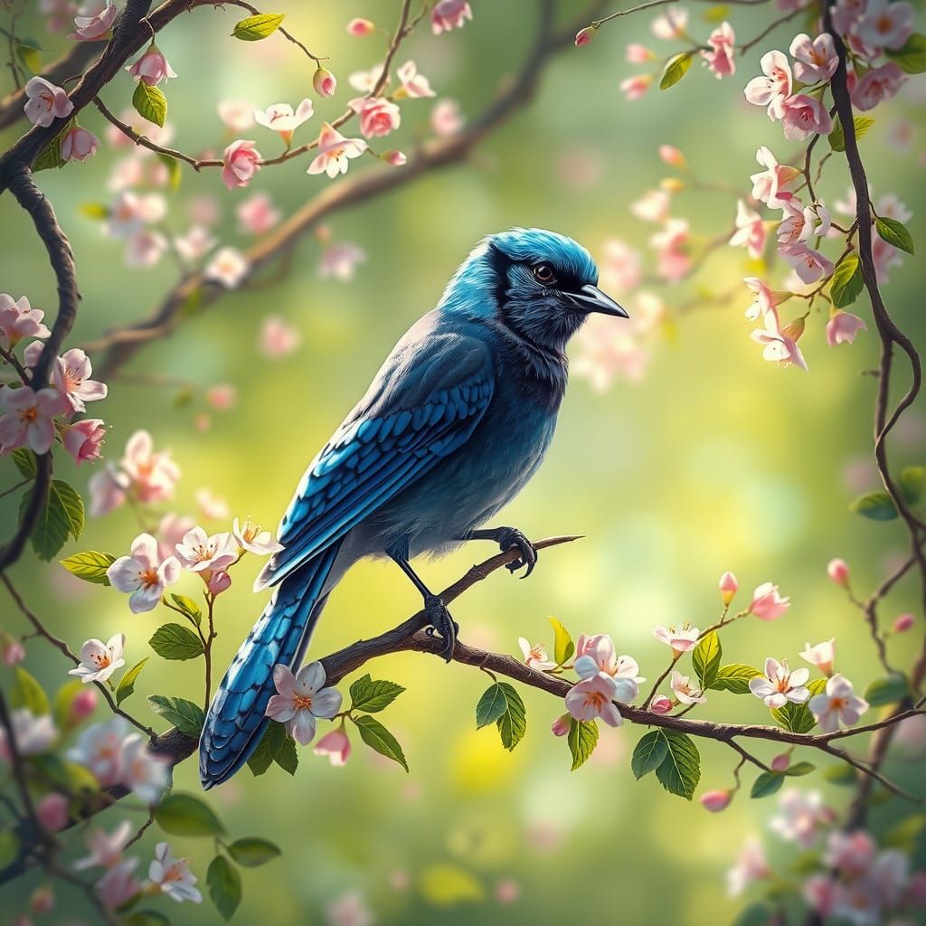 Whimsical Blue Jay in Vibrant Spring Landscape