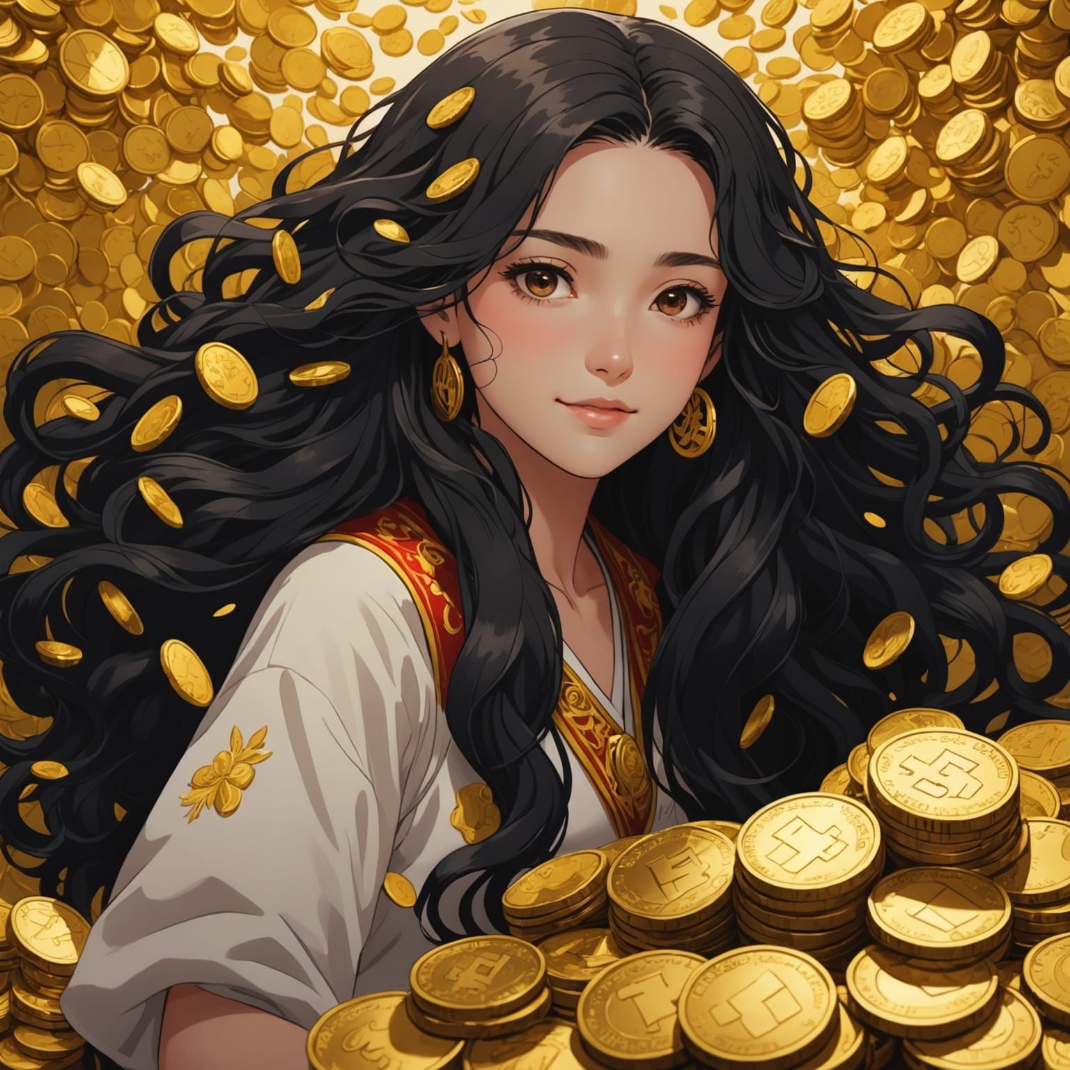 Happy Woman Surrounded by Gold Coins: Anime Style
