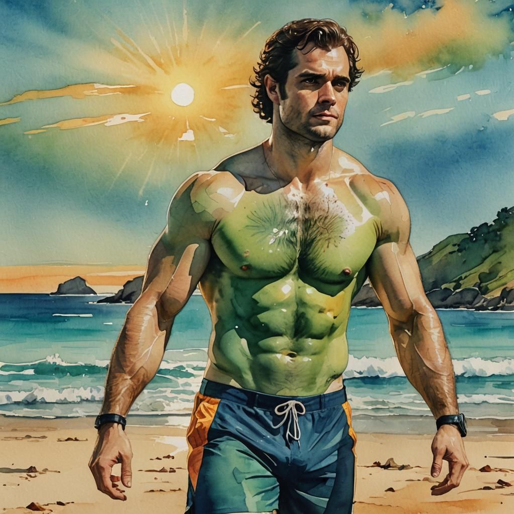 Watercolor Painting of Man on Beach in Sunlight