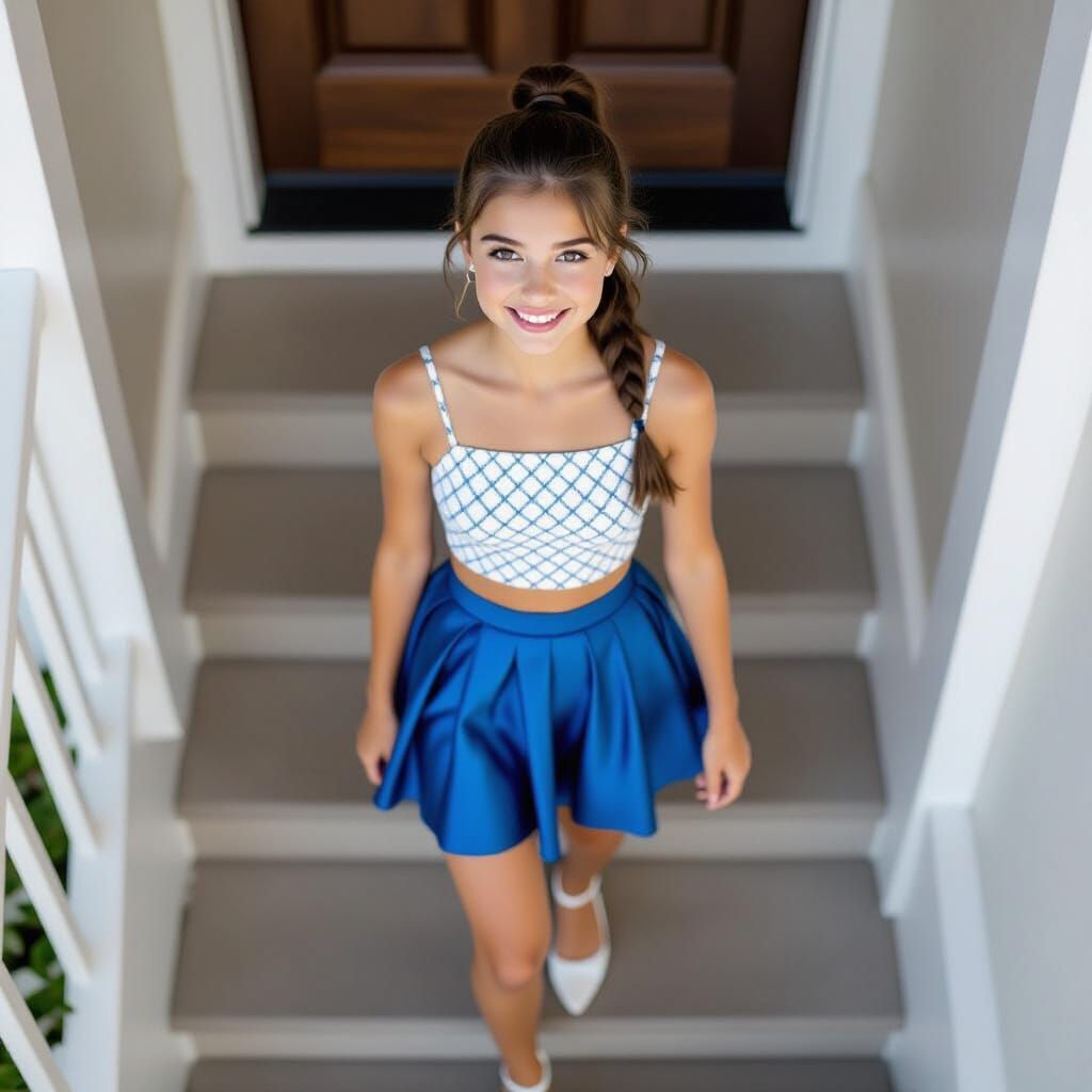 French Girl Ascends Home Stairs in Candid Photo