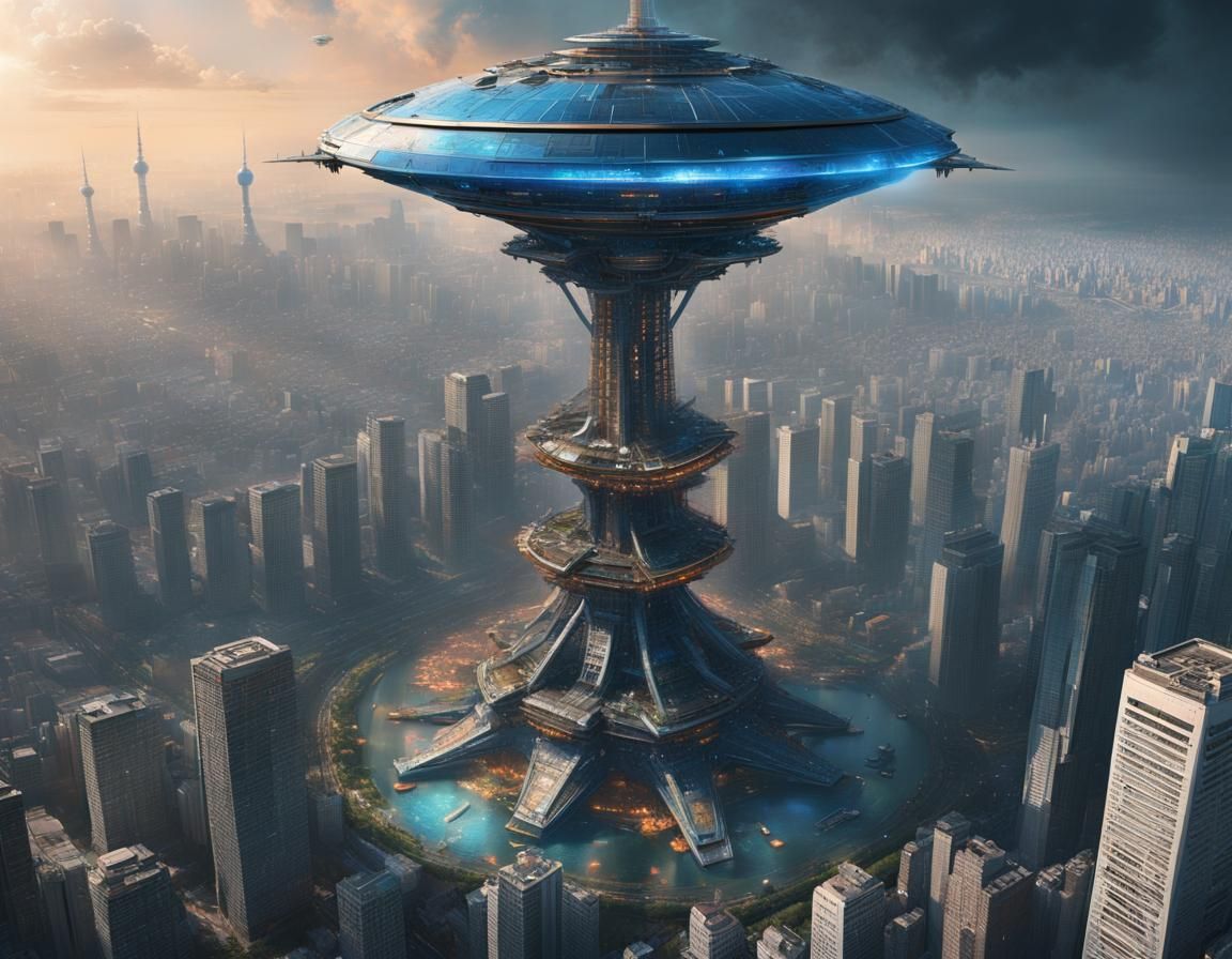 Alien Mothership Over Tokyo in Digital Painting Style