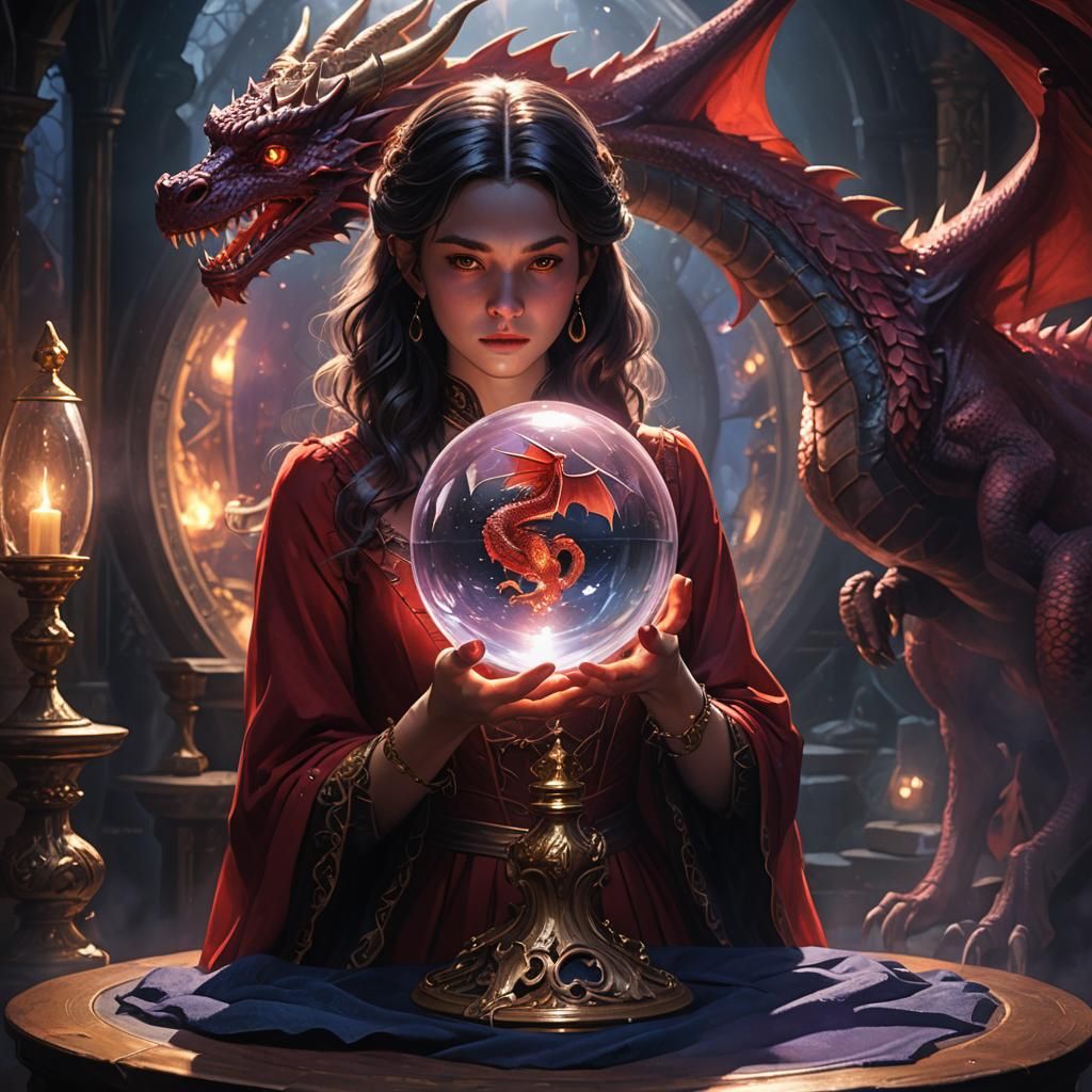 Mystical Witch and Dragon in Crystal Ball