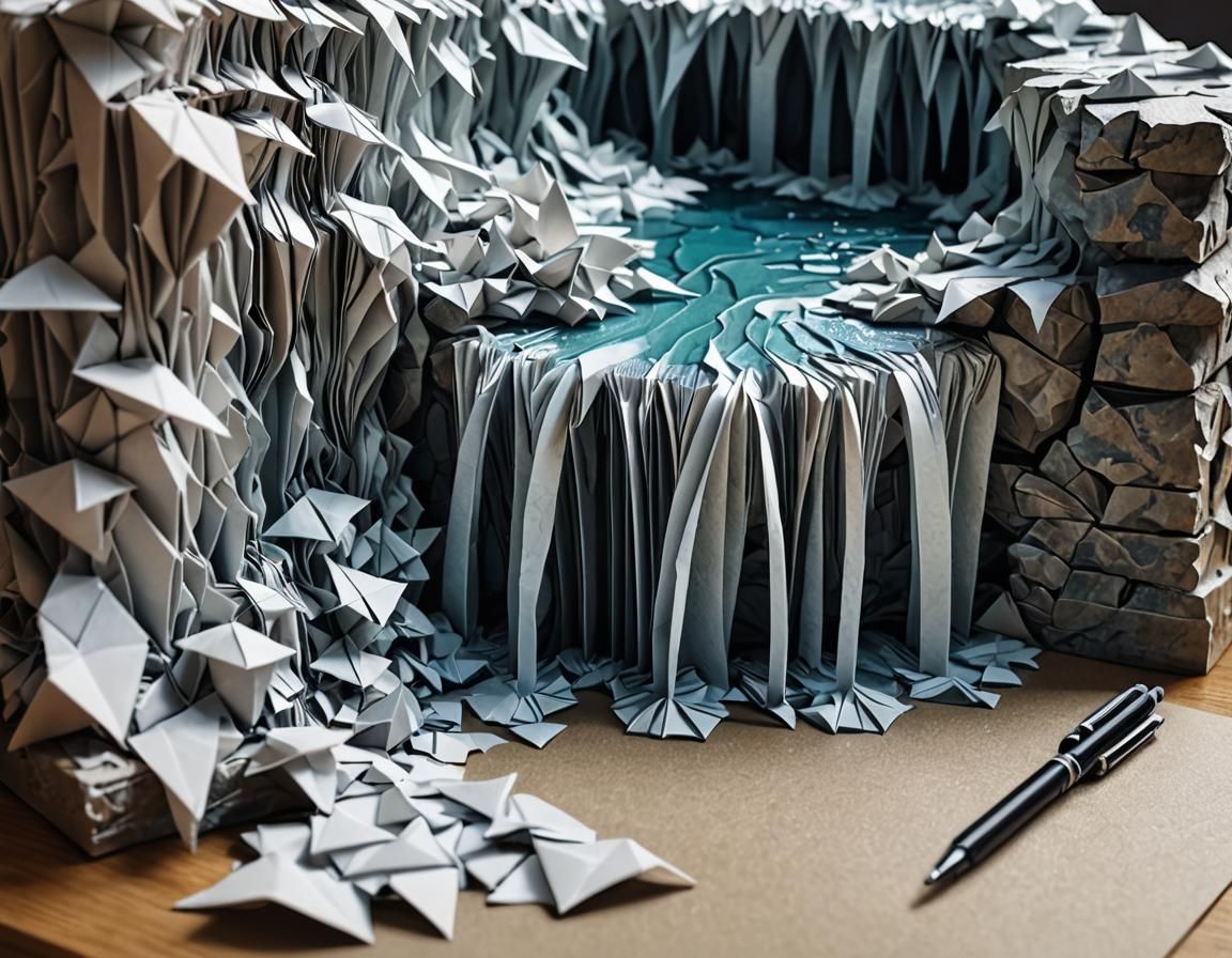 Origami Waterfall Flowing from Sketchbook