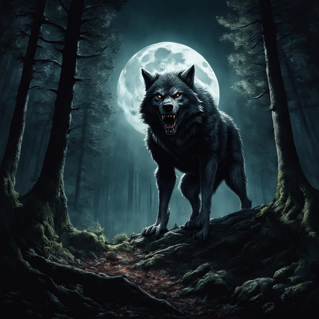 Werewolf Transformation in Eerie Forest Moonlight