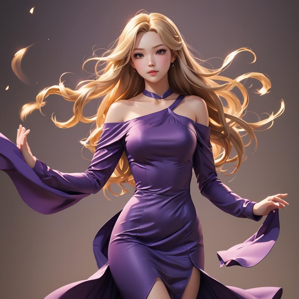 Blonde Anime Woman in Purple Dress, 3D Render