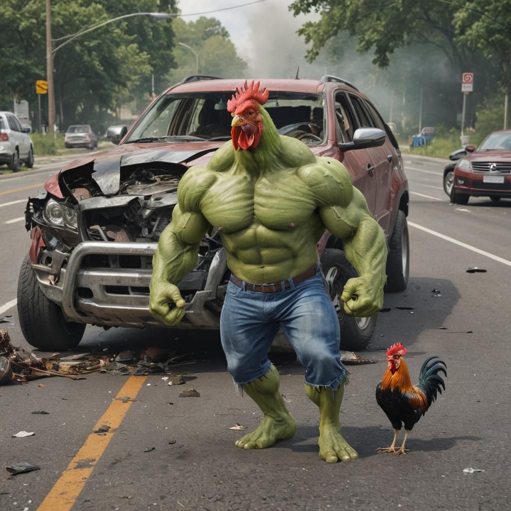 Photorealistic Rooster as the Hulk in Car Crash