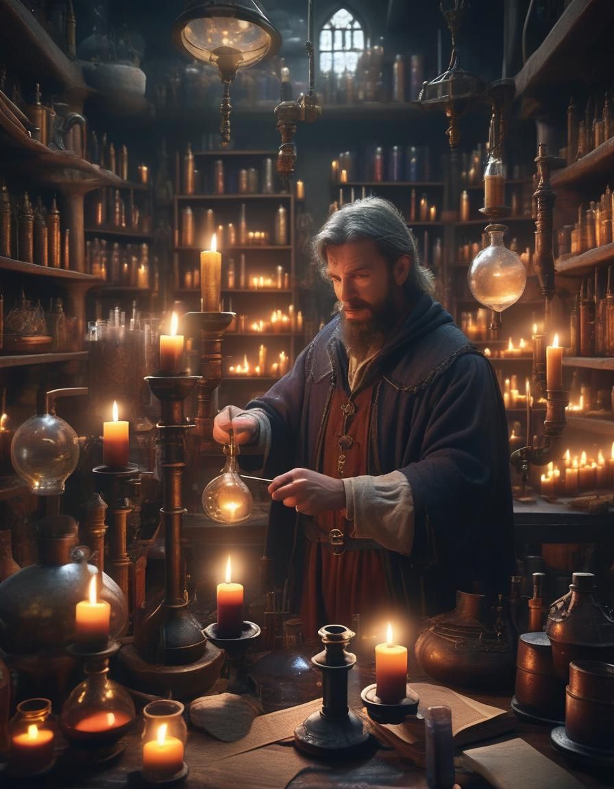 A medieval alchemist tries to make the elixir of life in his...