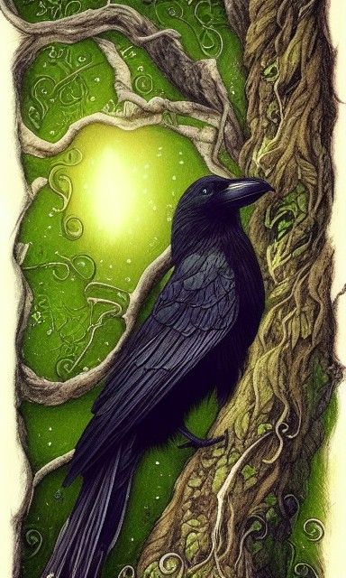 Crow on Ancient Tree: Fantasy Landscape Art