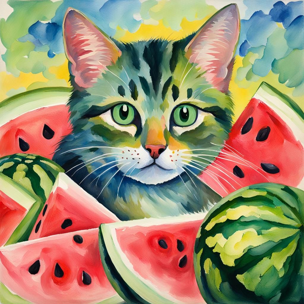 Watermelon Cat in Gouache Watercolor Style