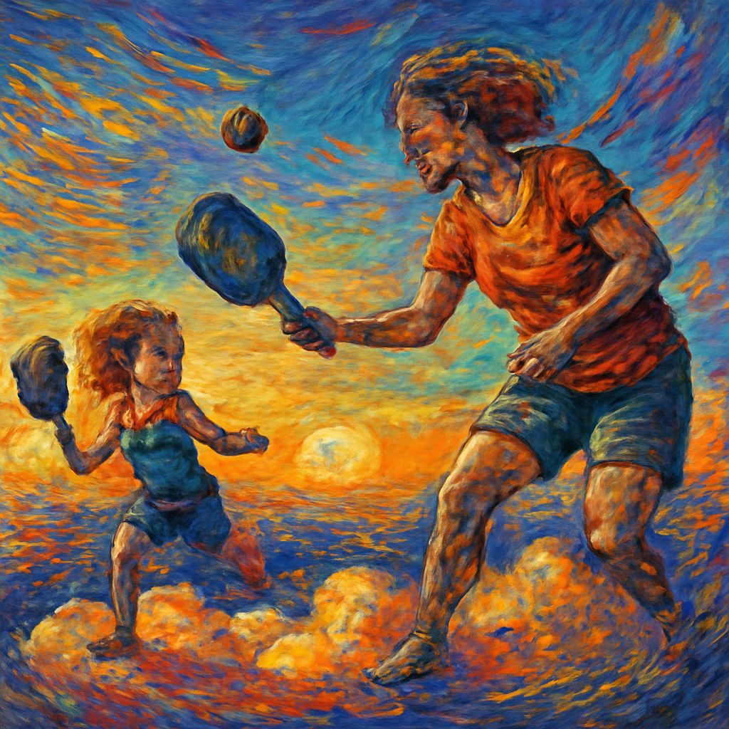 Mother and Child Play Pickleball on a Vibrant Cloudy Sunset
