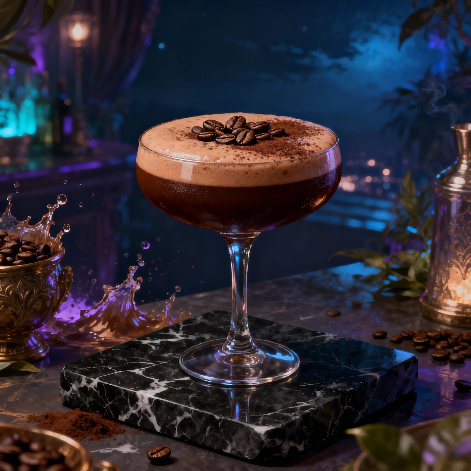 Velvety Brown Cocktail with Coffee Foam on Marble