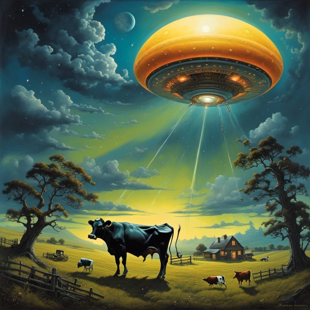 Flying Saucer Abducting Cow in Sci-Fi Night Sky