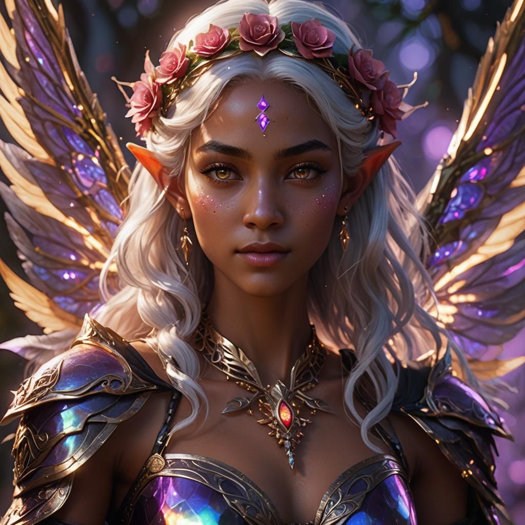 Iridescent Elf Princess with Runic Rose, Hyperrealism