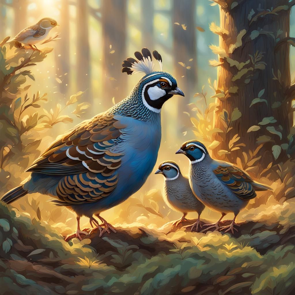 California Quail Family in Sun-Dappled Glade