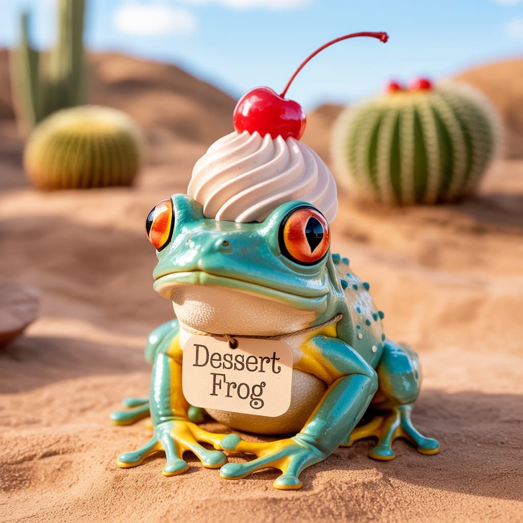 Whimsical Desert Frog as a Dessert Ice Cream Cone