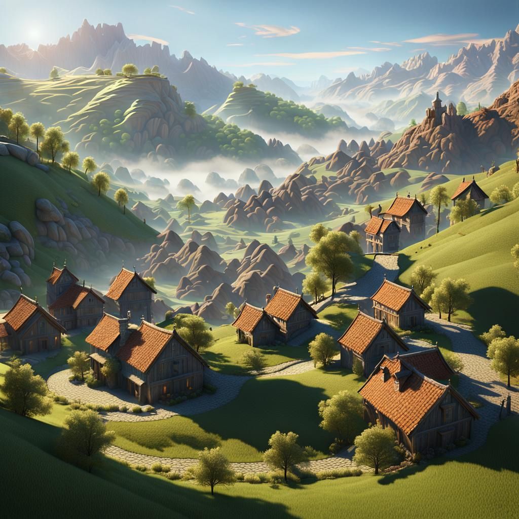 Village in Mountains: Matte Painting in Fantasy Style