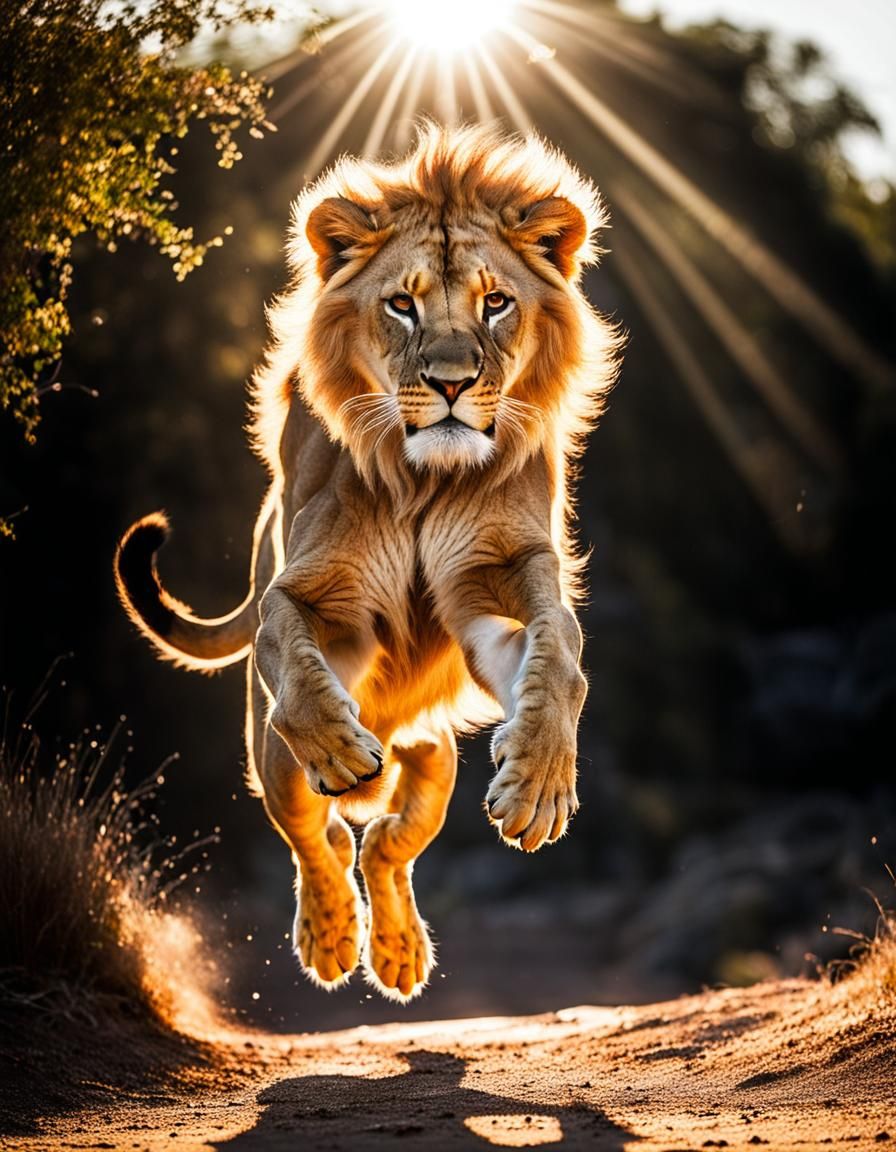 Lion Leaping in Golden Sunlight