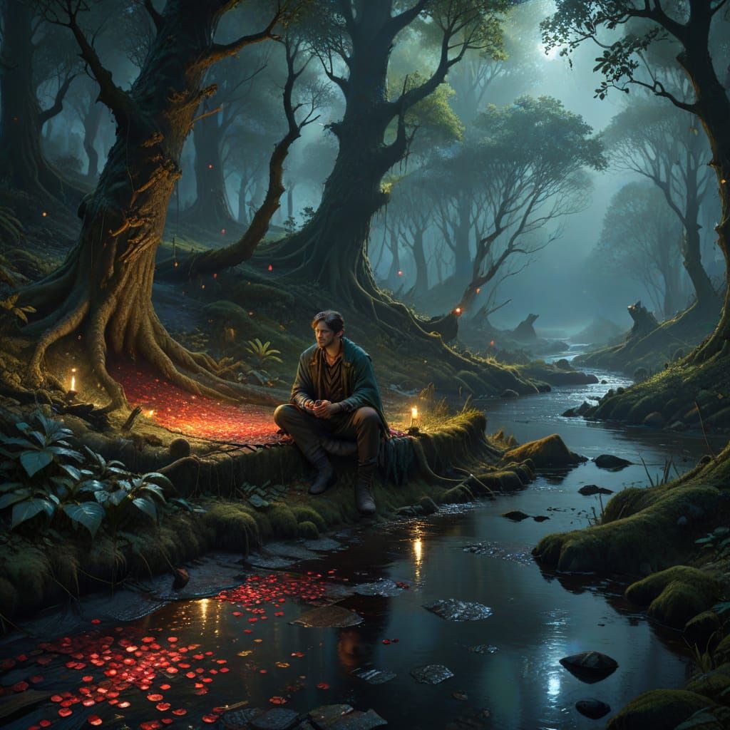 Man in Quilt by Brook in Moody Fantasy Forest