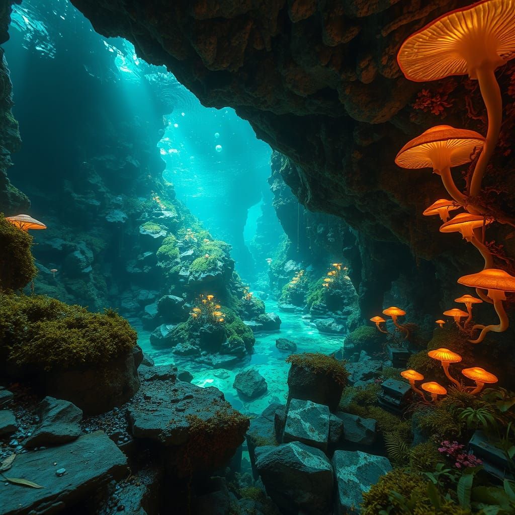 Bioluminescent Underwater Grotto in Futuristic City