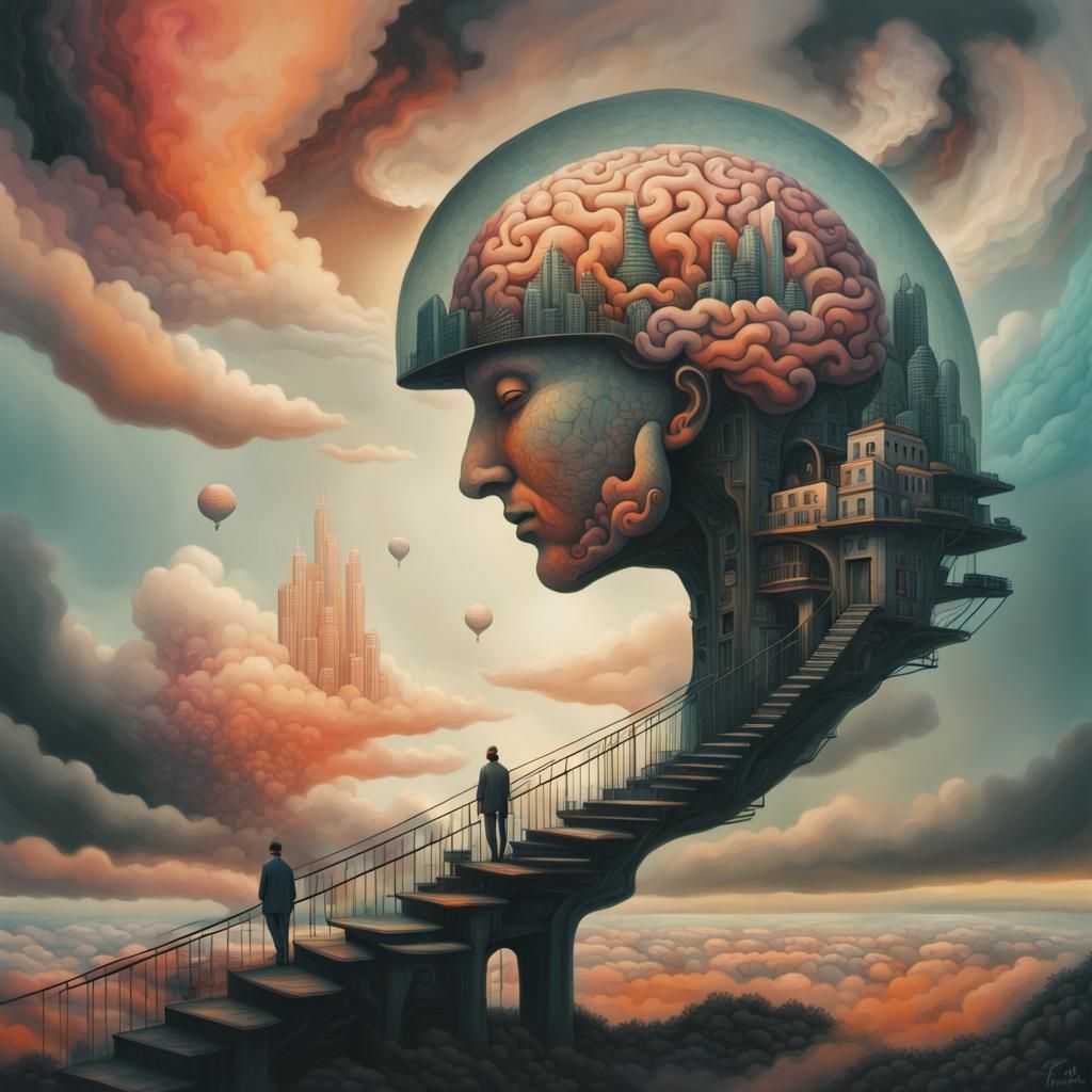 Surreal Cybernetic Brain Cityscape in Psychedelic Art