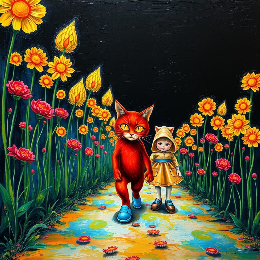 Surreal Street Scene with Fractal Flowers and Cosmic Illustr...