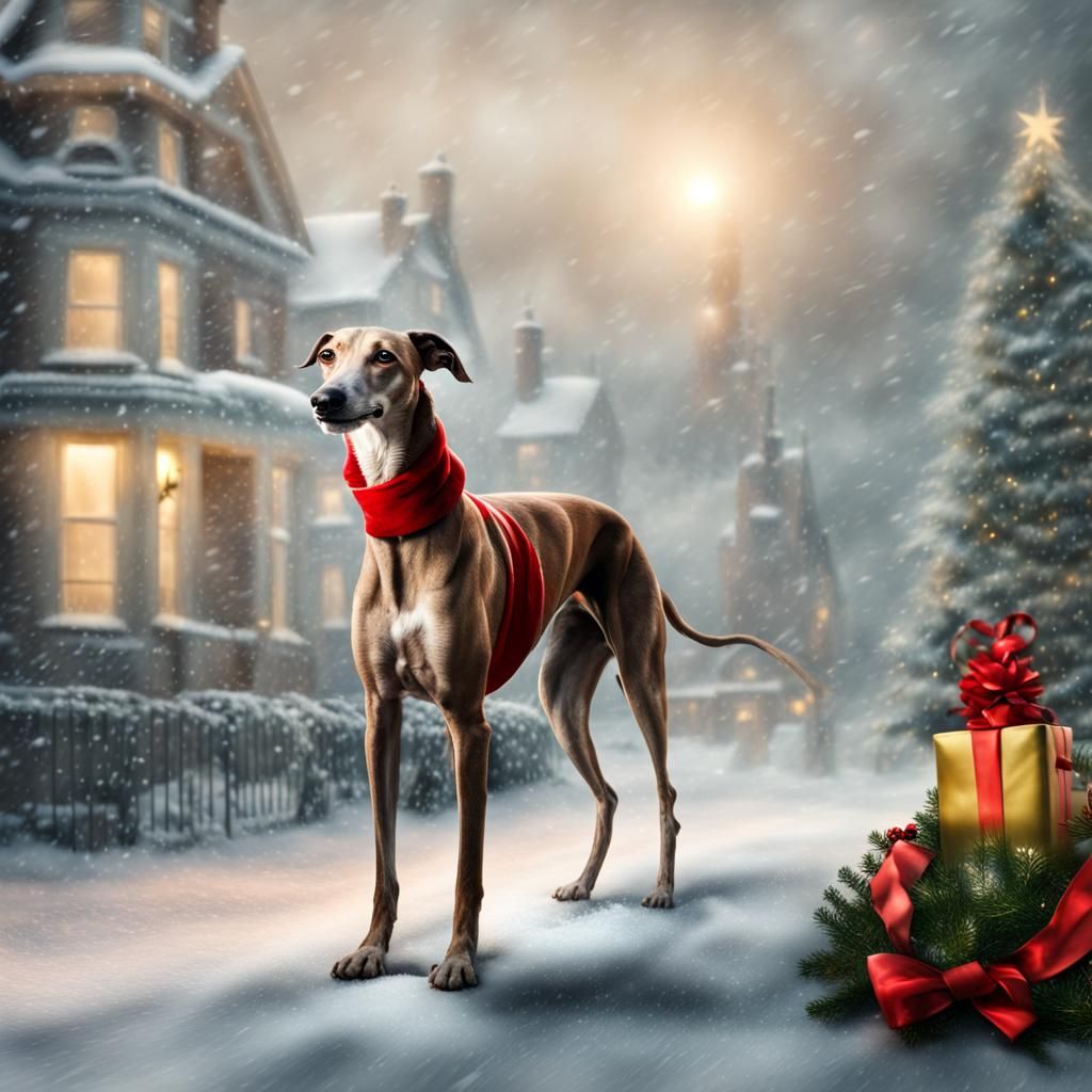 Happy Greyhound Christmas in Hyperrealistic Detail