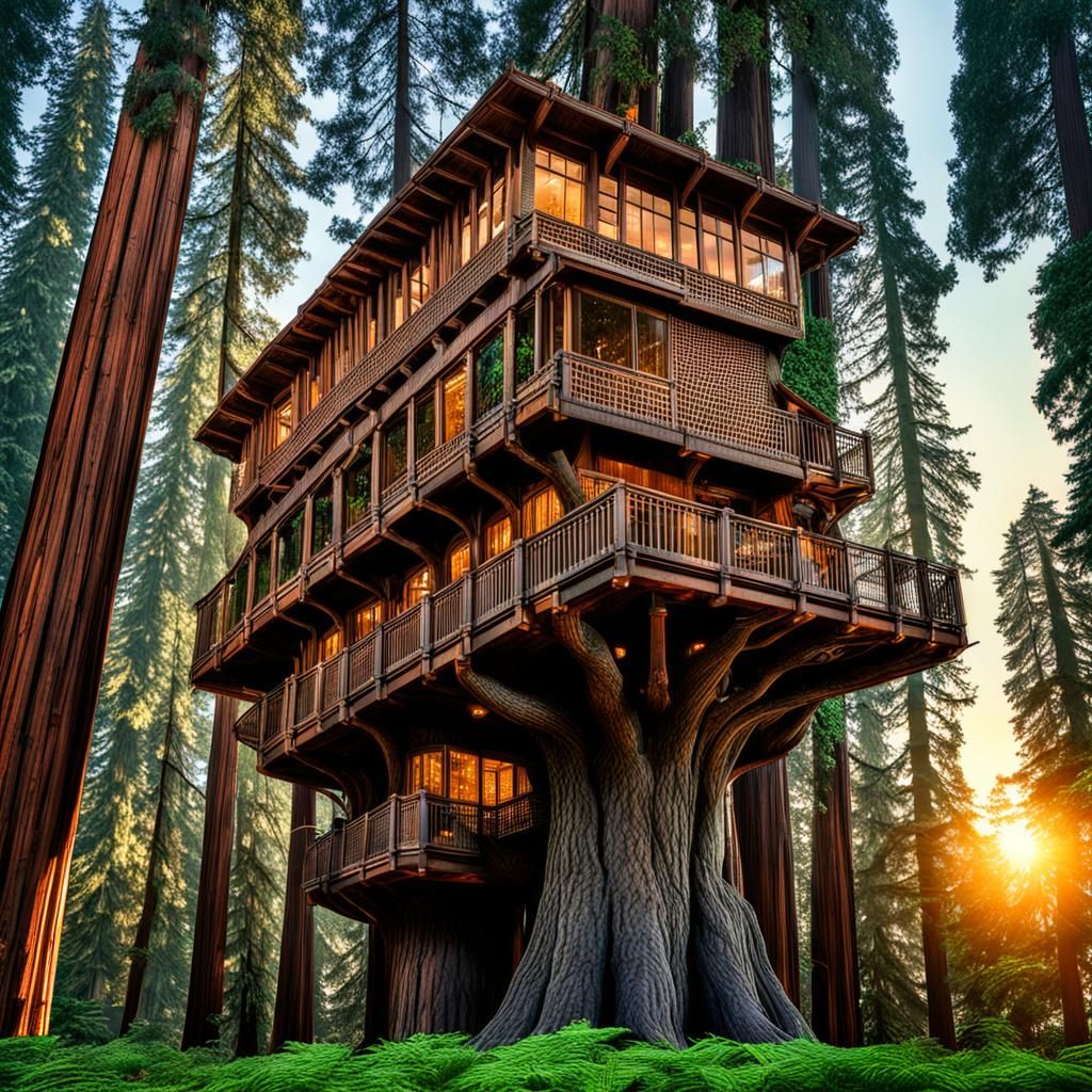 Skyscraper Treehouse in Redwood Forest at Golden Hour