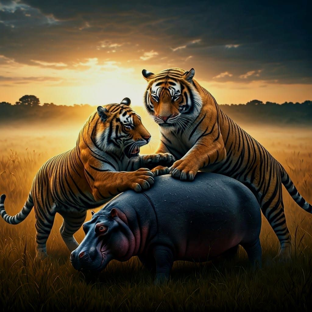Dramatic Tiger Attack on Hippo: Cinematic Film Still