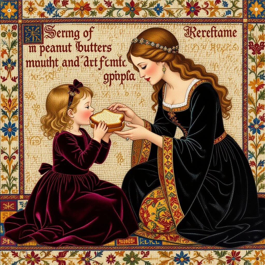 Medieval Tapestry: Girl Eats PB&J, Mother Wipes Mouth